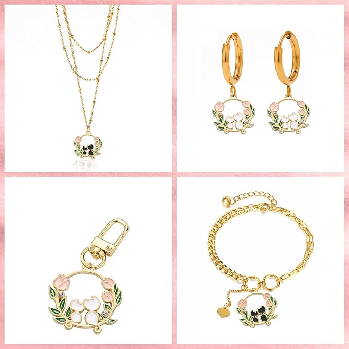 KitBeads 20pcs Cute Cat Charms Mixed Colors Flower Ring Wreath Charms Cartoon Rose Couple Kitten Charms for Jewelry Making Bracelets Bulk