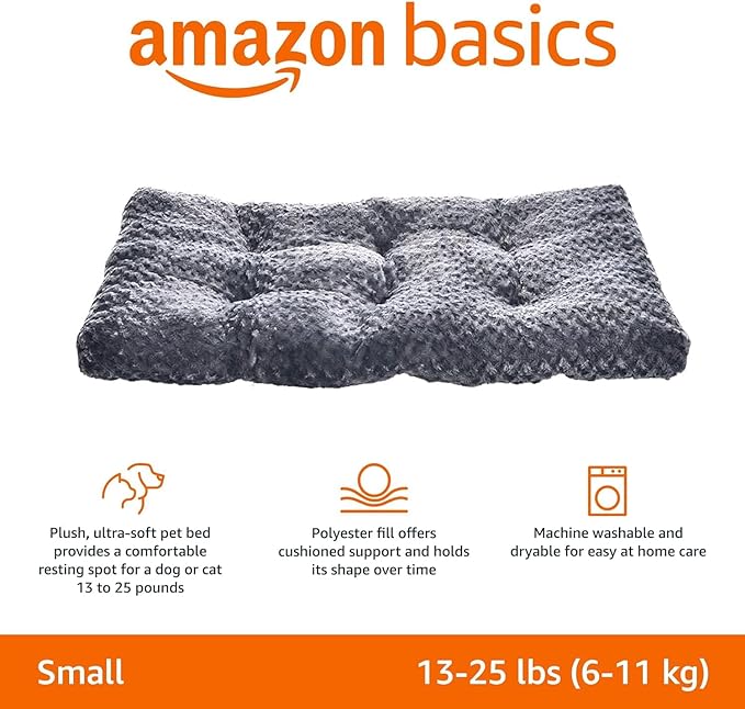 Amazon Basics Machine Washable Plush Pet Bed and Dog Crate Pad, X-Small, 23 x 18 x 2.5 Inches, Gray