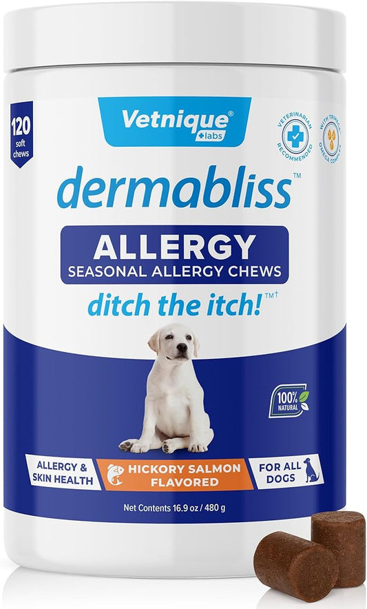 Vetnique Dermabliss Dog Allergy Relief & Immune Support Supplement Allergy Chews for Dogs Itching and Licking with Omega 3 Fish Oil & Probiotics for Itch Relief - Vet Recommended (120ct Chews)