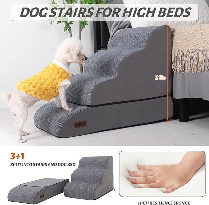 Dog Stairs and Ramp for Bed, 4-Step Dog Steps for Small Dogs and Cats,Non-Slip Pet Stairs Suitable High Bed Climbing