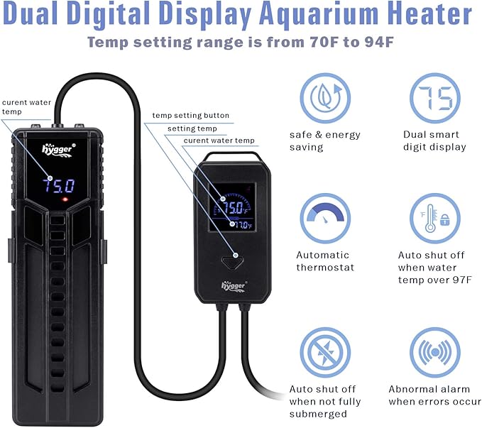 hygger 500W Metal Steel Aquarium Heater for Fresh Water, Digital Submersible Heater with Built-in Thermometer, External LCD Display Thermostat Controller, for Fish Tank 60-120 Gallon