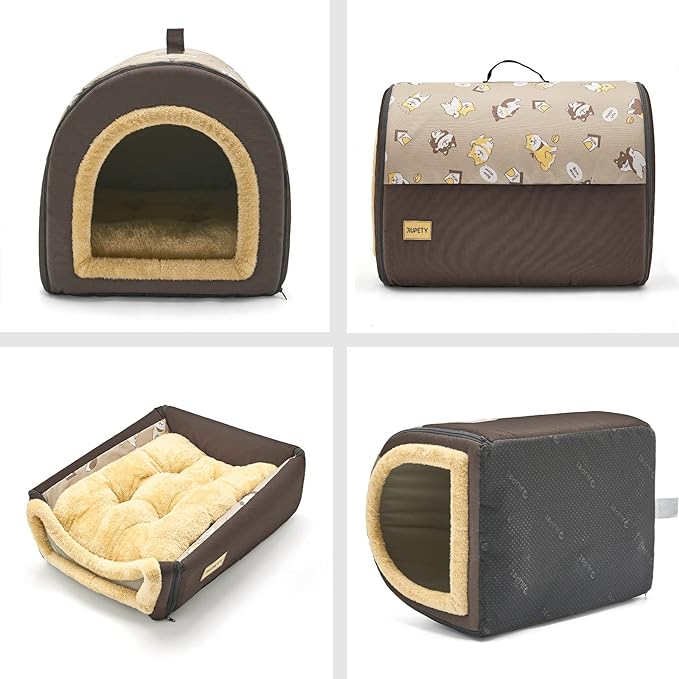 Jiupety Dog House Cozy, 2 in 1 Small Dog House, L Size for Small Medium Dog, Comfy Cave Portable House for Dogs, Brown