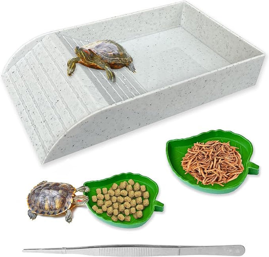 Tortoise Feeding Dish with Ramp and Basking-Platform - Leaf Tortoise Water Food Bowls, Reptile Water Dish Amphibians Habitat, Reptile Water Bowl Fit for Amphibians with Forcep Cleaning Clip