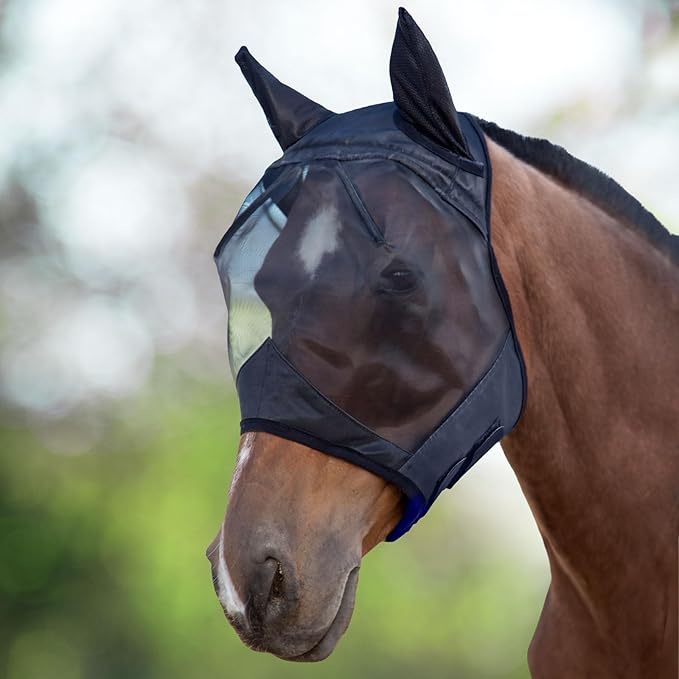 Harrison Howard CareMaster Horse Fly Mask Half Face with Ears Black XL Extra Full Size