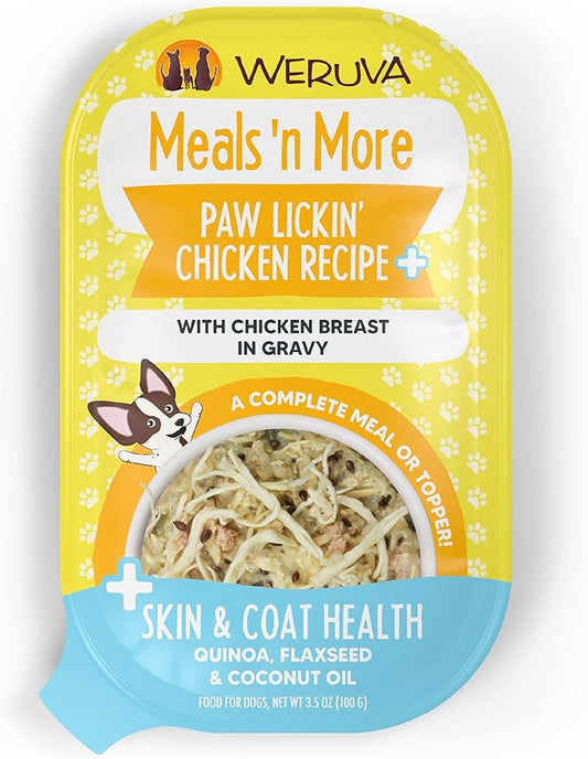 Weruva Meals 'n More Natural Wet Dog Food, Paw Lickin’ Chicken Plus Skin & Coat Health, 3.5oz Cup (Pack of 12)