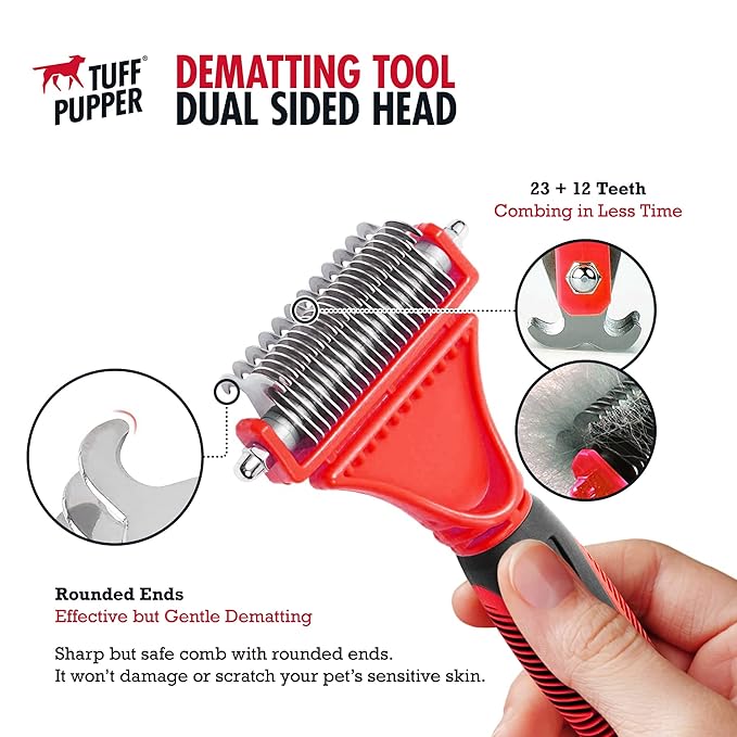 Tuff Pupper Dual Sided Dematting Comb | Convenient 12+23 Teeth Easily Removes Loose Fur Undercoat, Matting and Tangled Hair | Safe Comfortable Grooming Tool for Medium and Long Haired Cats Dogs Brush