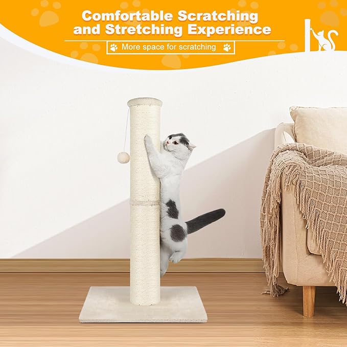 Cat Scratching Post 34 inch Mid, Nature Sisal Cat Scratch Post for Indoor Cats, Large Cat Scratcher Protect Your Furniture, for All Breeds, White