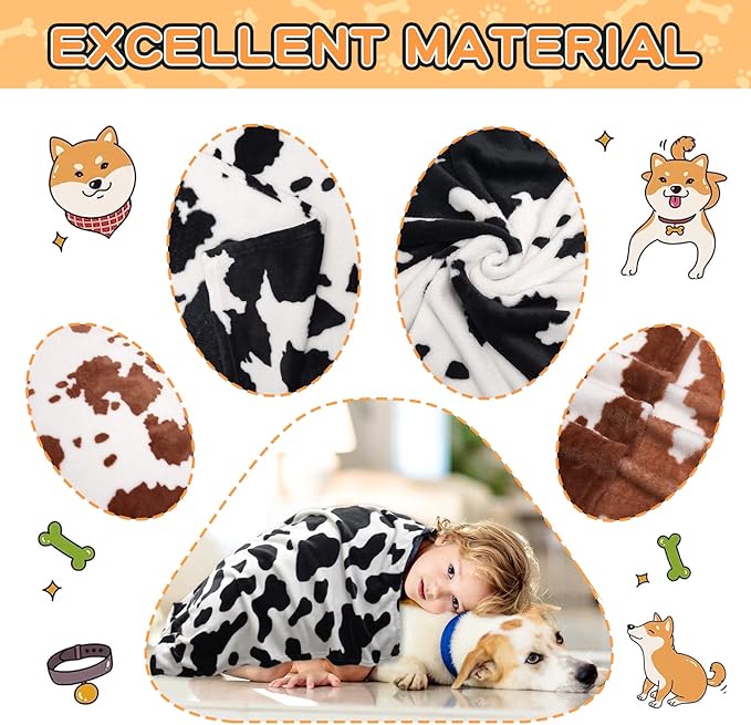 Dog Blankets for Largel Dogs,3 Pack Dog Cat Soft Fuzzy Blankets Washable,Comfort Flannel Cow Print,Fuzzy Soft Pet Mat Blankets,Pet Blanket,Reversible Print,42x32 inch Brown White Cow Print.