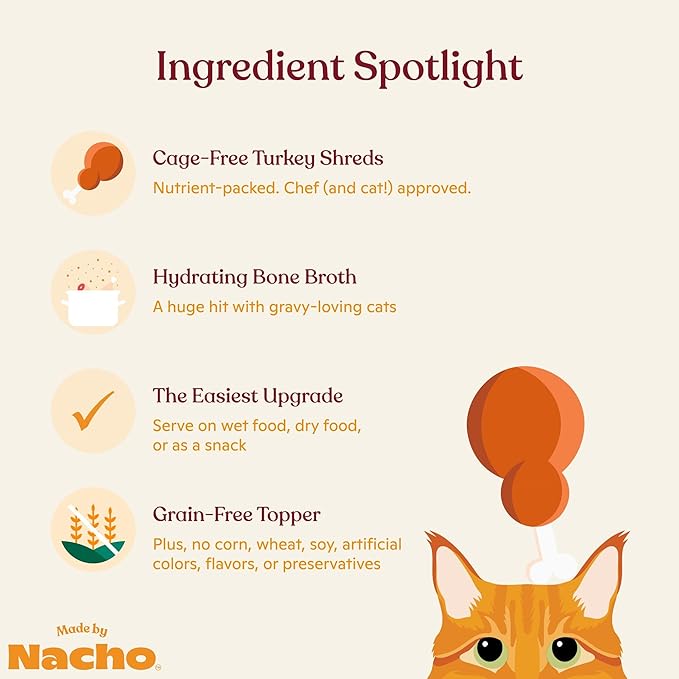 Made by Nacho Wet Cat Food Homestyle Bone Broth Bone Broth with Cage-Free Turkey Shreds Food Topper, Limited Ingredient, Grain-Free Diet - 24ct