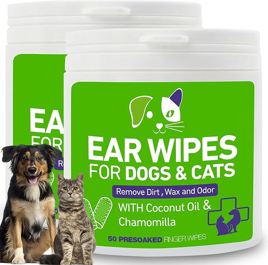 Ear Cleaner Wipes for Dogs and Cats - Dog Ear Wipes for Dirty, Waxy, Smelly Ears - Sooths & Deodorizes, Itchy Ear Relief - 100 Count Finger Wipes (2 Packs)