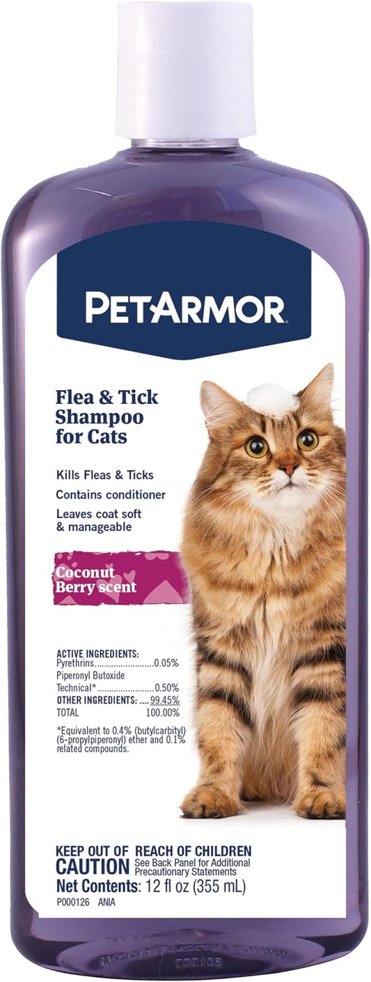 PetArmor Flea and Tick Shampoo for Cats, Coconut Berry Scented Flea Shampoo and Conditioner for Cats, Flea Treatment Kills Fleas and Ticks, 12oz