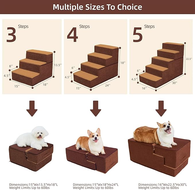 Dog Stairs for Small Dogs - Foam Pet Steps for High Beds and Couch, Non-Slip Folding Dog Steps Portable Pet Stairs for Large Dog and Cats,4 Step, Brown