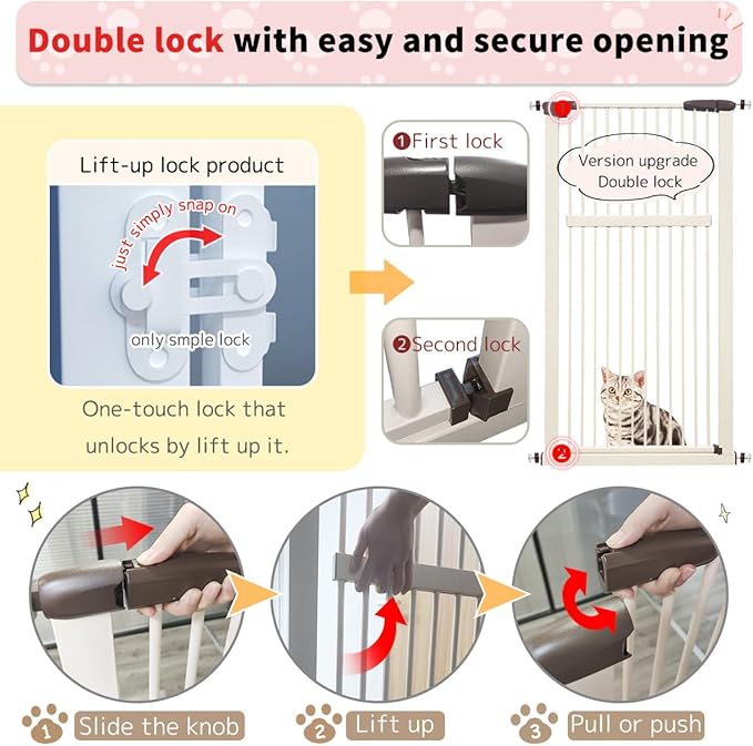 Extra Tall Pet Gate 55.12" High Pressure Mounted 38.39"-42.51" Extra Wide (9 Sizes) 1.37" Gap for Cat Dog Children Stairs Doorway Hallway No Drilling Auto-Close (38.39"-42.51", Cream White)