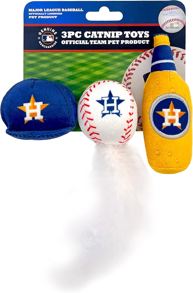 BEST PLUSH CAT TOY - MLB HOUSTON ASTROS Complete Set of 3 piece Cat Toys filled with Fresh Catnip. Incld: 1 Baseball Cap Cat Toy, 1 Baseball Cat Toy with Feathers & 1 Beer Bottle. Beautiful Team LOGOS