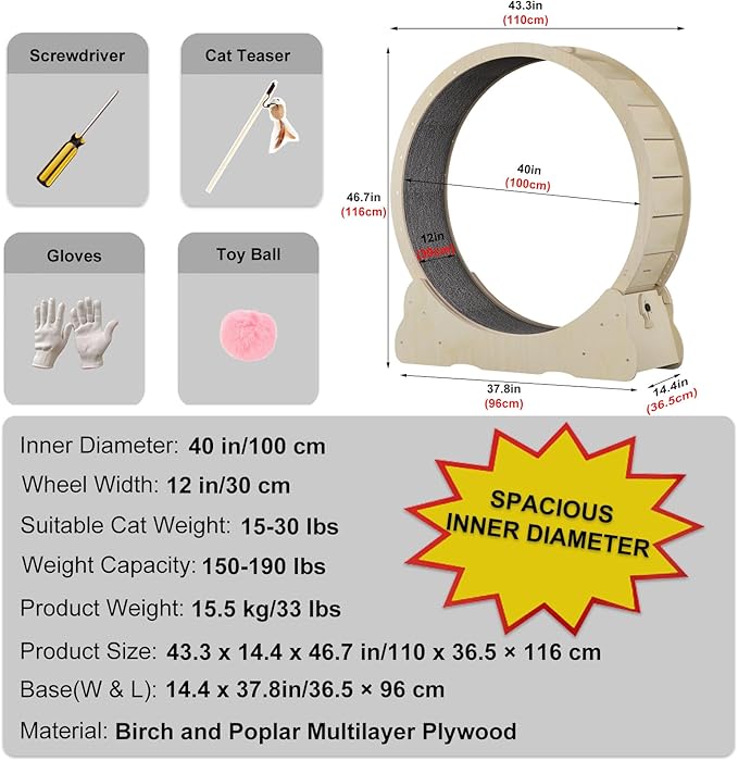 Cat Wheels for Indoor Cats. Extra Large Diameter Cat Treadmill. Made of Natural Solid Wood. Inside Diameter 40in/100cm. Including Installation Tools and Cat Teaser. (Wood)