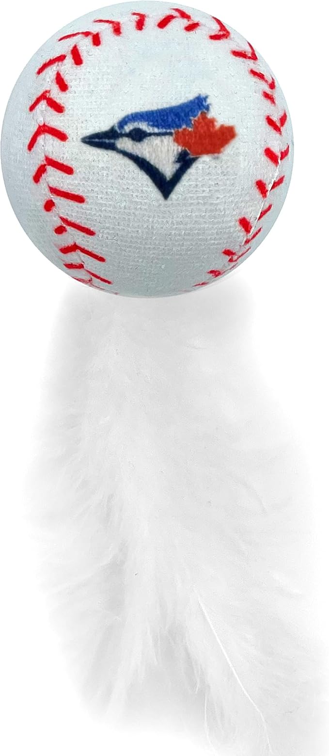 BEST PLUSH CAT TOY - MLB TORONTO BLUE JAYS Complete Set of 3 piece Cat Toys filled with Fresh Catnip. Incld: 1 Baseball Cap Cat Toy, 1 Baseball Cat Toy with Feathers & 1 Beer Bottle. Team LOGOS