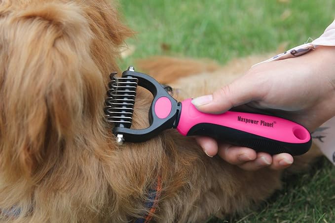 Maxpower Planet Pet Grooming Brush - Double Sided Shedding, Dematting Undercoat Rake for Dogs, Cats. Extra Wide Dog Grooming Brush, Dog Brush for Shedding, Cat Brush, Reduce Shedding by 95% (Pink, S)