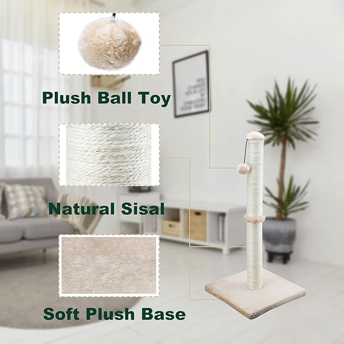 Dimaka 29" Tall Cat Scratching Post, Claw Scratcher with Sisal Rope and Covered with Soft Smooth Plush, Vertical Scratch [Full Strectch], Modern Design 29 Inches Height (Brown)