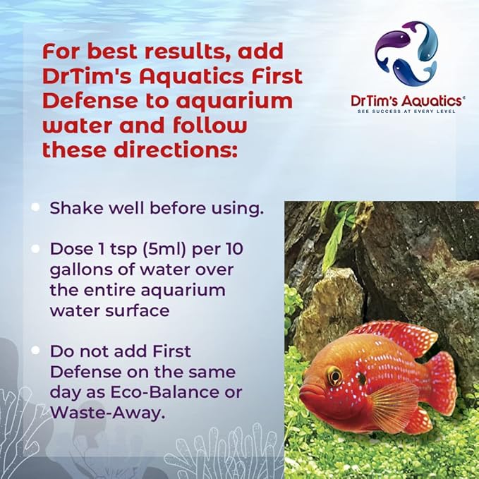 DrTim's Aquatics First Defense for Freshwater Aquariums – Stress Relief & Immune System Support with Vitamins Immunostimulants Fish Tanks 32oz.