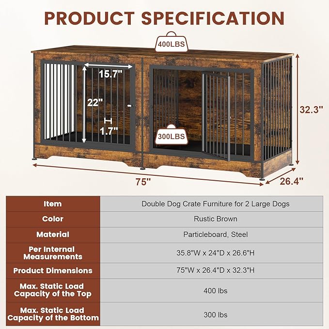 3-in-1 75 Inch Double Dog Crate Furniture for 2 Large Dogs Durable Rustic Brown TV Stand Dog Crate with Trays and Divider