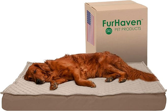 Furhaven Water-Resistant Orthopedic Dog Bed for Large Dogs w/ Removable Quilt Top & Washable Cover, For Dogs Up to 95 lbs - Indoor/Outdoor Quilt Top Convertible Mattress - Sand, Jumbo/XL