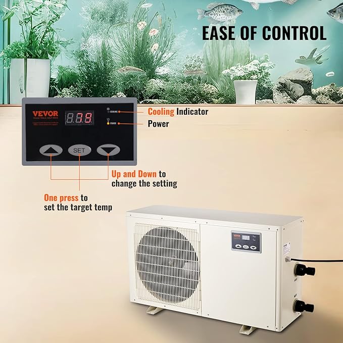 VEVOR Aquarium Chiller, 500 Gal 1892 L, 1.5 HP Hydroponic Water Chiller, Quiet Refrigeration Compressor for Seawater and Fresh Water, Fish Tank Cooling System, for Jellyfish, Coral Reef