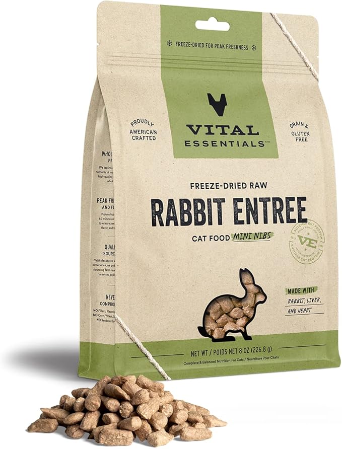 Vital Essentials Freeze Dried Raw Cat Food, Rabbit Mini Nibs Entree, 8 oz