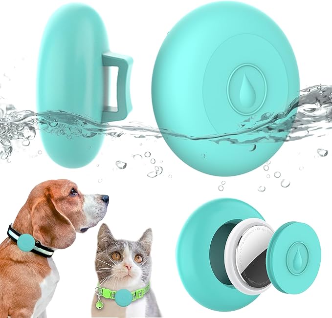 Airtag Dog Collar Holder Waterproof, Hidden Silicone Waterproof Airtag Case for Pet Cat Dog GPS Tracker, Anti-Lost Waterproof Airtag Holders Compatible with Apple AirTag for Dog Cat Collar (Cyan)