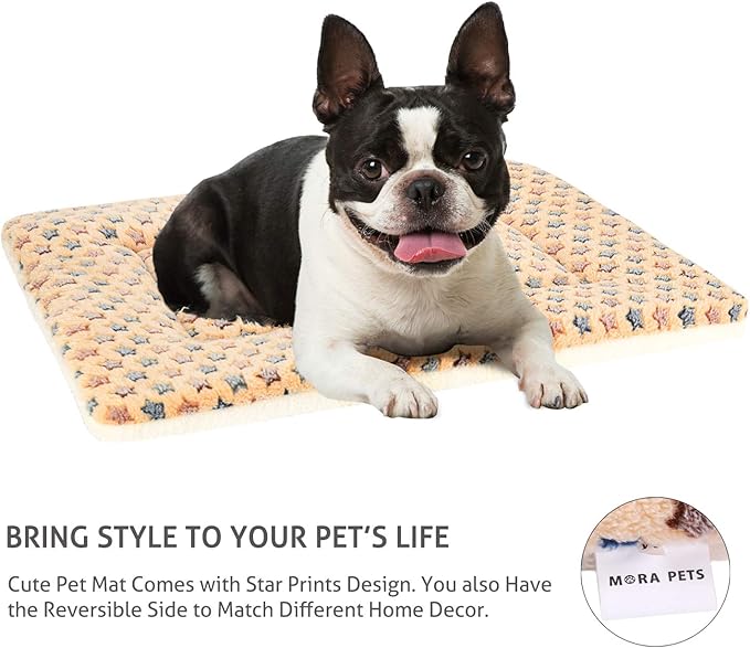 Mora Pets Dog Bed Crate Pad Ultra Soft Pet Bed with Cute Star Print Washable Crate Mat for Large Medium Small Dogs Reversible Fleece Dog Crate Kennel Mat Cat Bed Liner 23 x 18 inch Brown