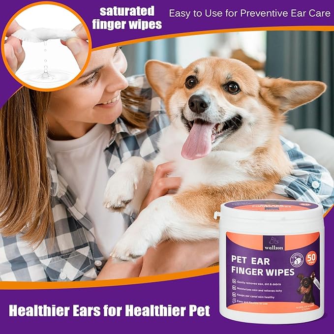 Ear Cleanser Relief Finger Wipes | Ear Cleaning Finger Wipes for Dogs and Cats | Disposable Pet Ear Cleaner Wipes | Relieve Itching & Remove Odor | Ear Care Wipes for Pet (100 Counts)