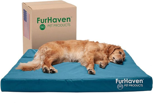 Furhaven Water-Resistant Memory Foam Dog Bed for Large Dogs w/ Removable Washable Cover, For Dogs Up to 95 lbs - Indoor/Outdoor Logo Print Oxford Polycanvas Mattress - Deep Lagoon, Jumbo/XL