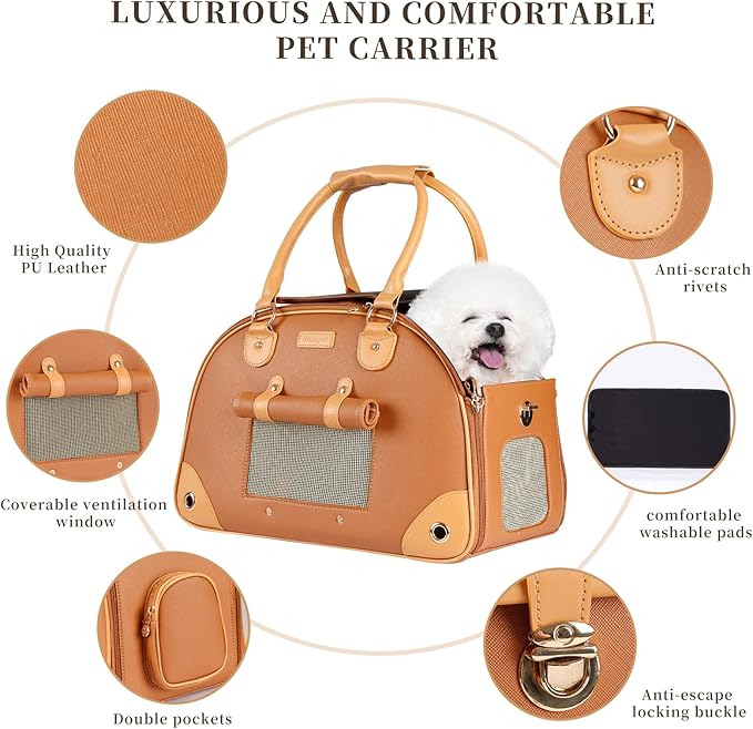 Dog Carrier, Pet Carrier, Dog Purse, Foldable Premium PU Leather Cat Carrier, Portable Tote Bag Carrier for Cats and Small Dogs - Brown