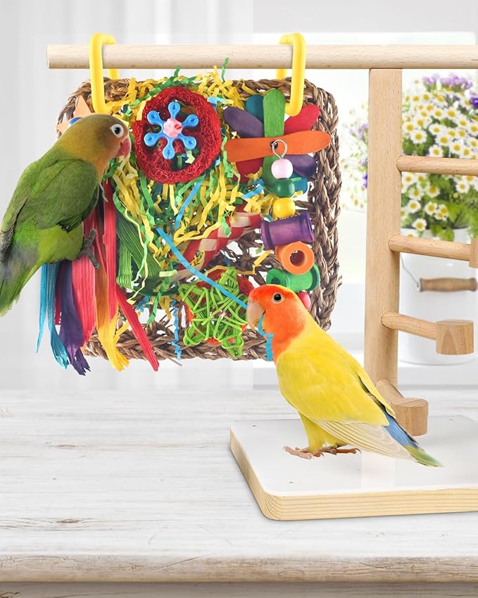 ERKOON Bird Cockatiel Toys Foraging Toys Hanging Parrot Toys for Lovebrid Parakeets Conures Bird Foraging Wall with Colorful Toys for Birds Shredding Seagrass, Birds Cage Toy Accessories