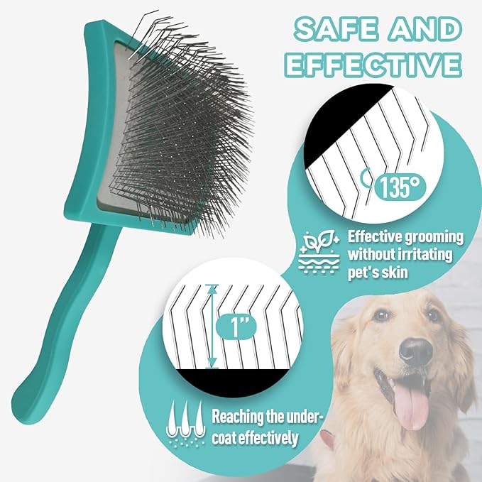 Dog Slicker Brush for Goldendoodles, Poodles, Doodles - Poodle & Doodle Brush - Extra Long Pin Brush For Medium to Long Haired Dogs - For Pet Undercoat Hair Grooming Shedding Dematting -Green