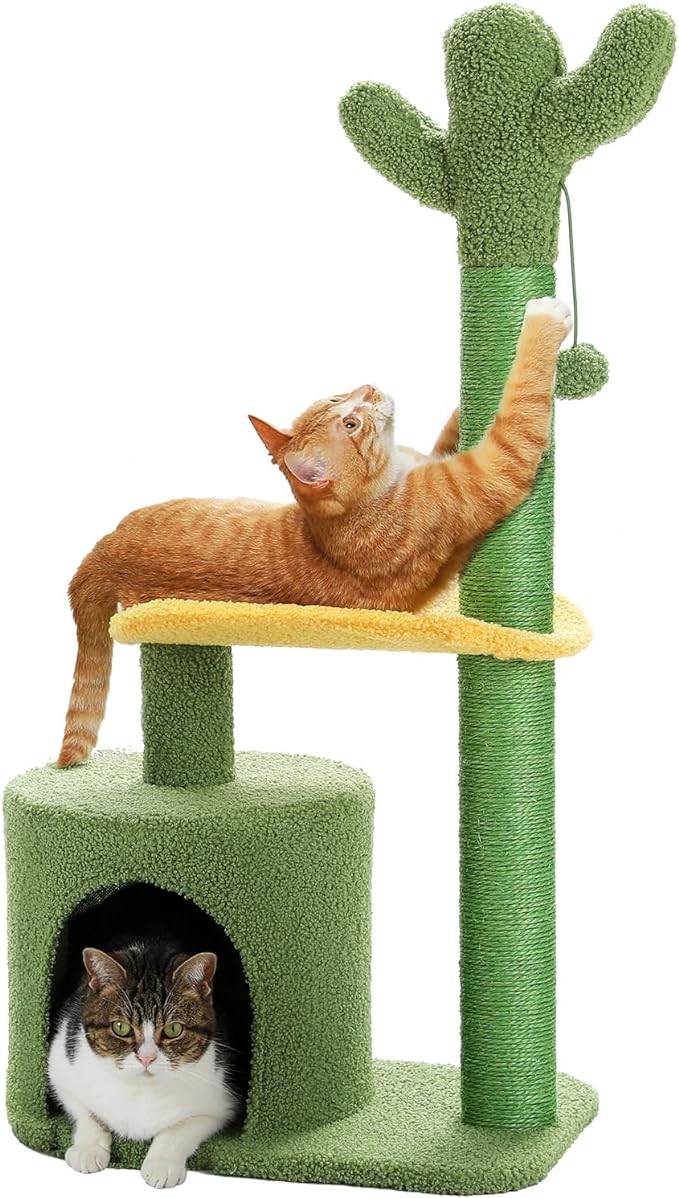 Made4Pets Cat Tree, Cactus Cat tower Cat Tree Tower 36.5 Inches with Sisal Scratching Posts for Indoor Cats, Cozy Cat Condo House, Plush Perch and Fluffy Ball for Small Cats Kittens