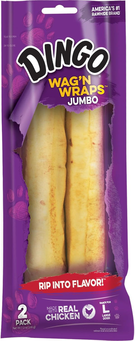 Dingo Wag’n Wraps Jumbo 2 Count, Made With Real Chicken, Rawhide Snack For Large Dogs