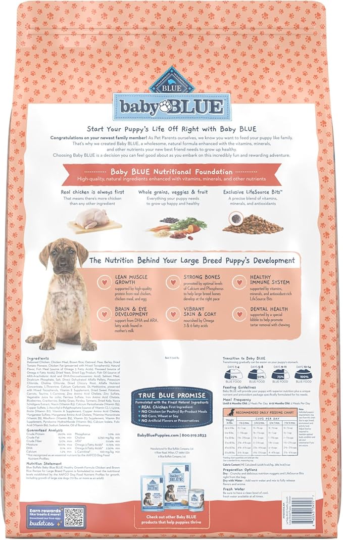 Blue Buffalo Baby BLUE Natural Large Breed Puppy Dry Dog Food, Healthy Growth Formula with DHA, Chicken and Brown Rice Recipe, 24-lb. Bag