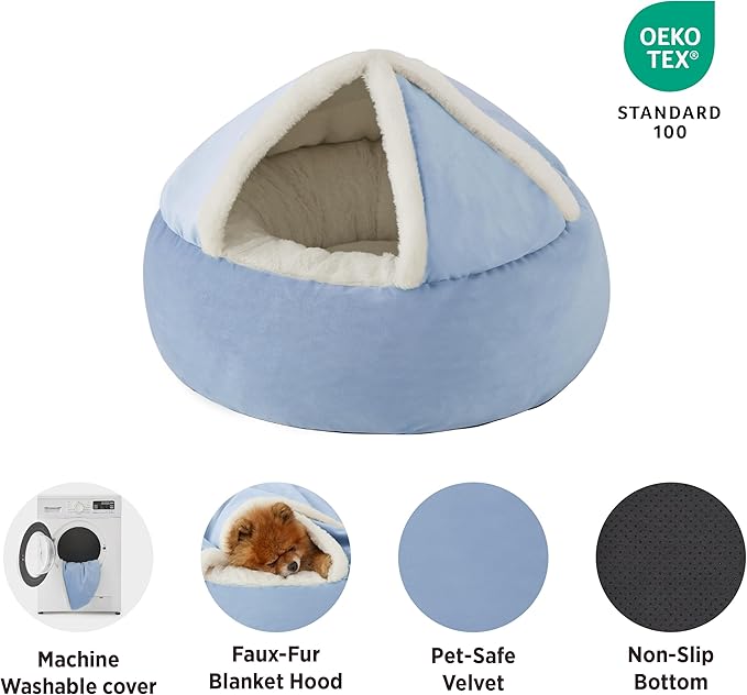 Lesure Small Dog Bed with Cover Cave - Covered Round Puppy Bed with Hooded Blanket, Machine Washable Burrow Pet Bed for Small Dogs and Cats, Cuddler Cozy Cave Dog Bed with Anti-Slip Bottom, Blue 23"