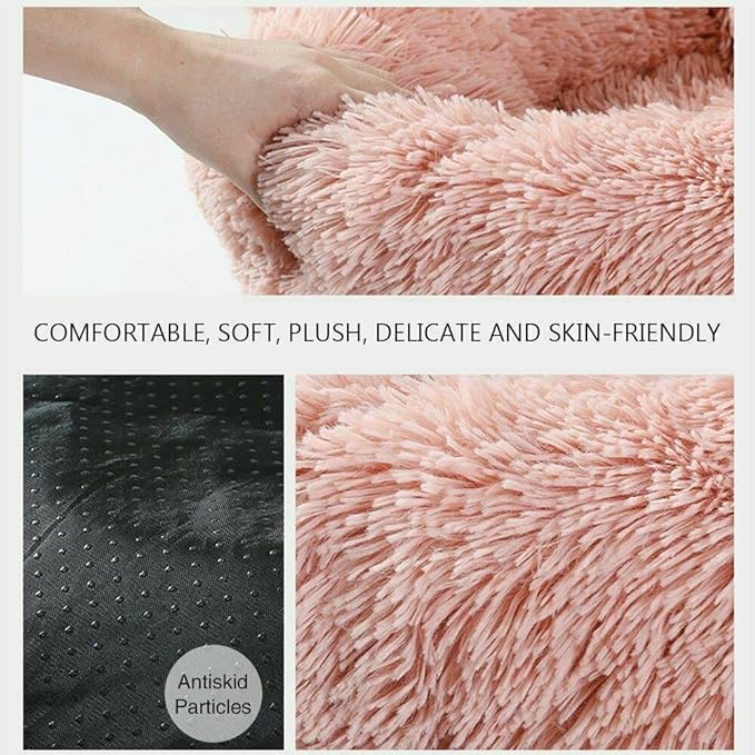 Cat Beds for Indoor Cats - Large Cat Bed Washable 24 inches, Dog Beds for Small Medium Dogs, Anti Anxiety Round Fluffy Plush Faux Fur Cat Bed, Thick Bottom (Large, Pink)