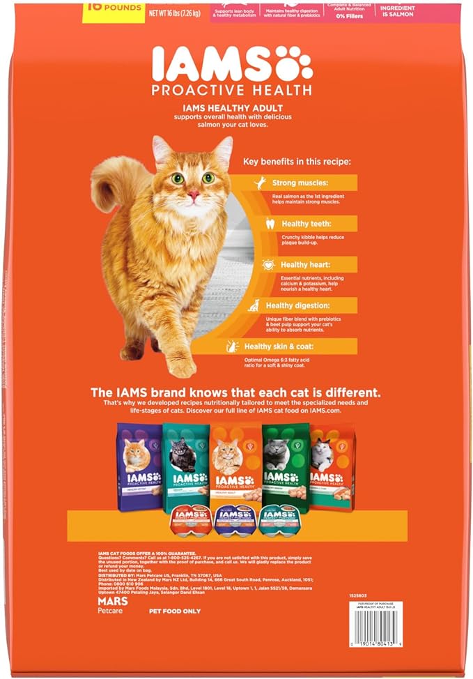 IAMS PROACTIVE HEALTH Adult Healthy Dry Cat Food with Salmon Cat Kibble, 16 lb. Bag