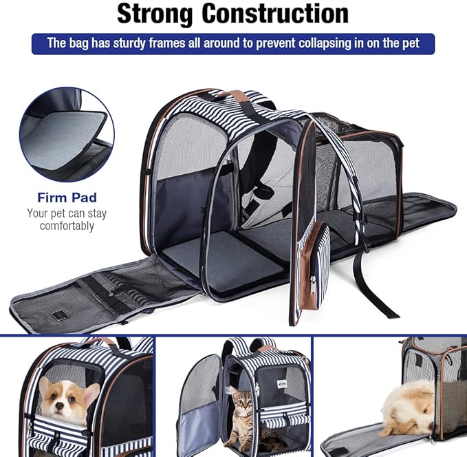 Lekebobor Large Cat Backpack Carrier Expandable Pet Carrier Backpack for Small Dogs Medium Cats Fit Up to 18 Lbs, Dog Carrier Backpack,Puppy Backpack Carrier, Blue Striped