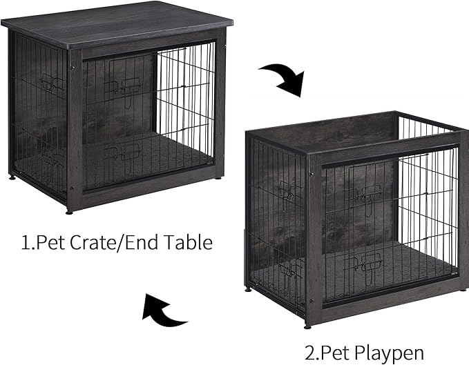 DWANTON Dog Crate Furniture with Cushion, Medium Wooden Dog Crate with Double Doors, Dog Furniture, Indoor Dog Kennel, End Table, Medium, 32.5" L, Dark Grey