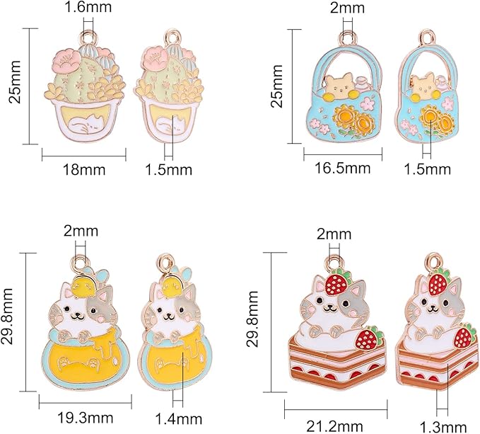 KitBeads 20pcs Mixed Styles Cat Charms Cute Enamel Cake Charms Alloy Animal Cartoon Cat Tropical Cactus Charms for Jewelry Making Bracelets Necklace