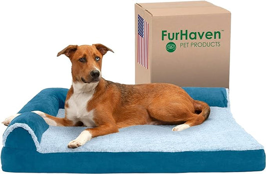 Furhaven Cooling Gel Dog Bed for Large Dogs w/ Removable Bolsters & Washable Cover, For Dogs Up to 95 lbs - Two-Tone Plush Faux Fur & Suede L Shaped Chaise - Marine Blue, Jumbo/XL