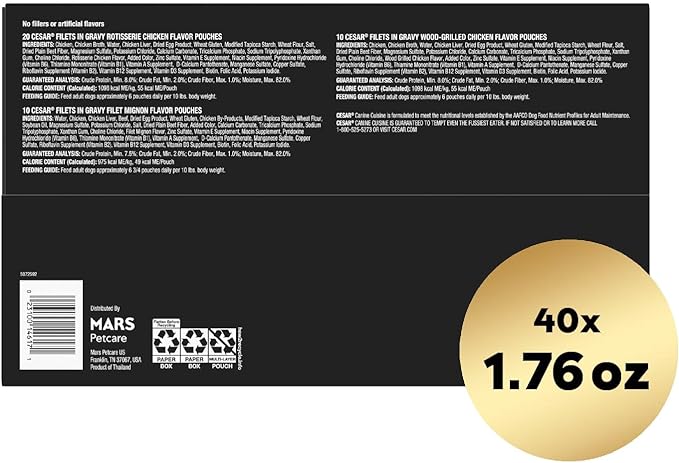 Cesar Filets in Gravy Wet Dog Food Filet Mignon Flavor, Rotisserie Chicken Flavor, and Wood-Grilled Chicken Flavor Variety Pack, 1.76 oz. Mini-Pouches, 40 Pack