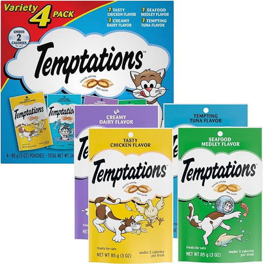 TEMPTATIONS Classic Crunchy and Soft Cat Treats Feline Favorite Variety Pack, 4 Count (Pack of 1)