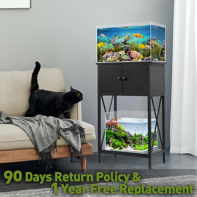 10 Gallon Fish Tank Stand with Cabinet, Double Aquarium Stand for 10 & 5 Gallon Fish Tank, Heavy Metal Stand with Stable Structure, Adjustable Table Feet & Anti-tilt Device - Black