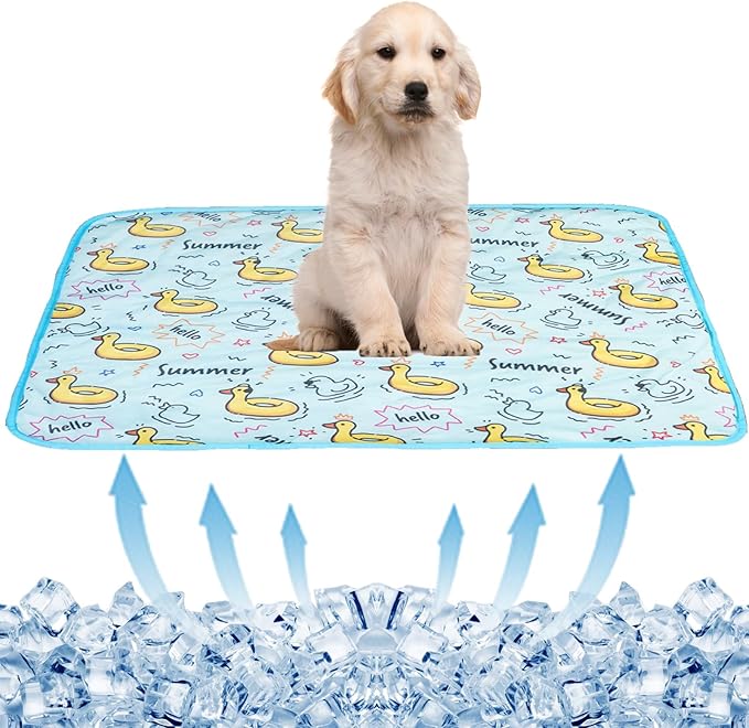 BAMY Cat Cooling Mat Summer Dog Silk Pad Self Cooling Cushion Washable Kitten Ice Blanket with Duck Strawberry Pattern (Blue Duck, M (27.6"x19.7"))