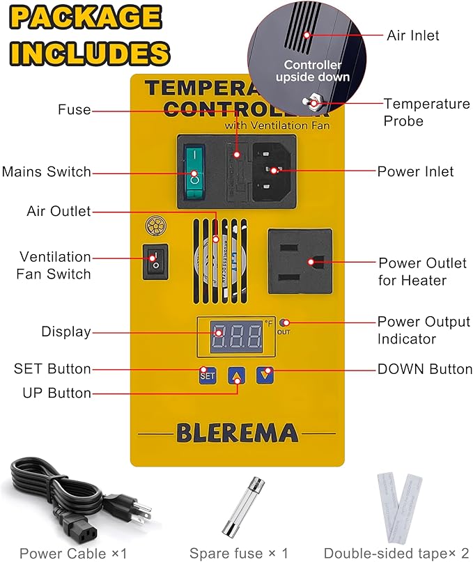 Digital Temperature Controller with Built-in Ventilation Fan, Thermostat Controller - Perfect for Various Enclosures: Puppy Incubator, Greenhouses, Grow Tents, Reptile Terrariums – Easy Installation