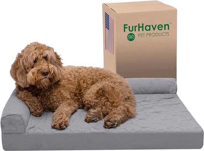 Furhaven Orthopedic Dog Bed for Large/Medium Dogs w/ Removable Bolsters & Washable Cover, For Dogs Up to 55 lbs - Pinsonic Quilted Paw L Shaped Chaise - Titanium, Large